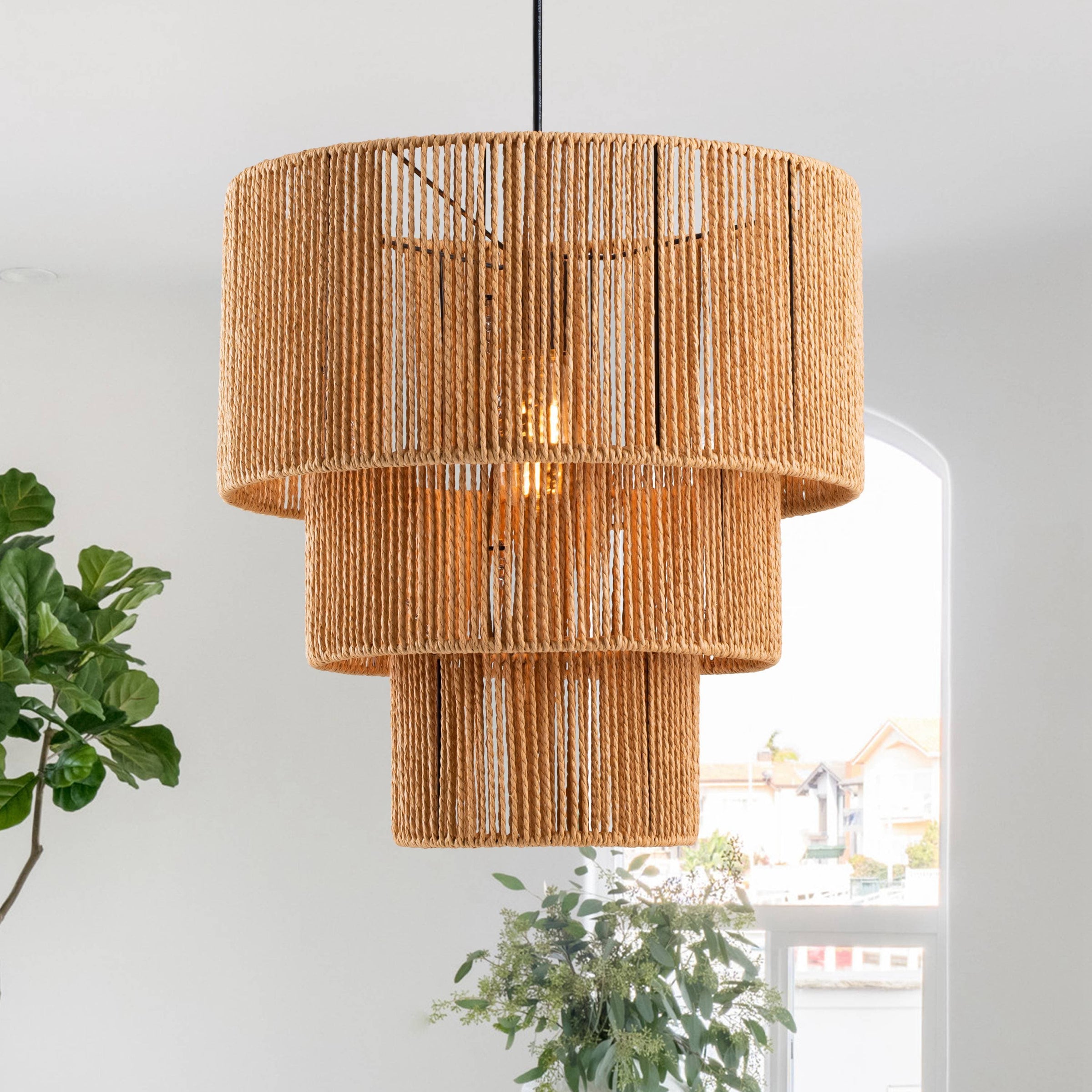 C Cattleya Boho Light Fixtures Ceiling Mount, 3-Tiered Natural Paper R ...
