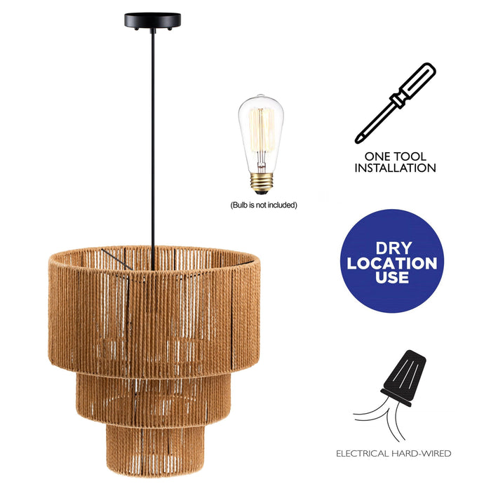 cattleyalighting 1-Light Black Tiered Jute Rope Chandelier