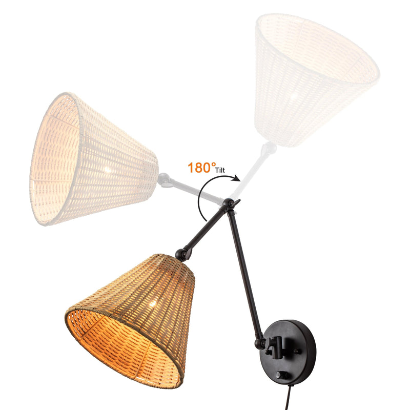 cattleyalighting 1-Light Black Woven Rattan Plug-in Swing Arm Wall Sconce With ON/OFF Switch