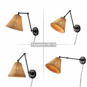 cattleyalighting 1-Light Black Woven Rattan Plug-in Swing Arm Wall Sconce With ON/OFF Switch
