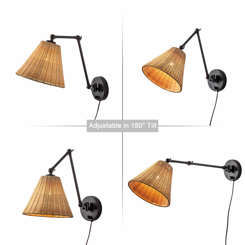 cattleyalighting 1-Light Black Woven Rattan Plug-in Swing Arm Wall Sconce With ON/OFF Switch