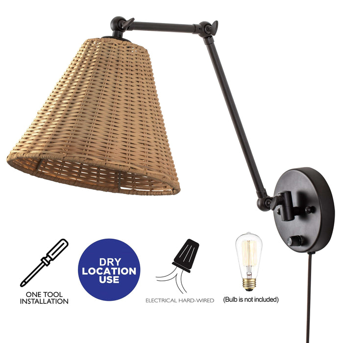 cattleyalighting 1-Light Black Woven Rattan Plug-in Swing Arm Wall Sconce With ON/OFF Switch