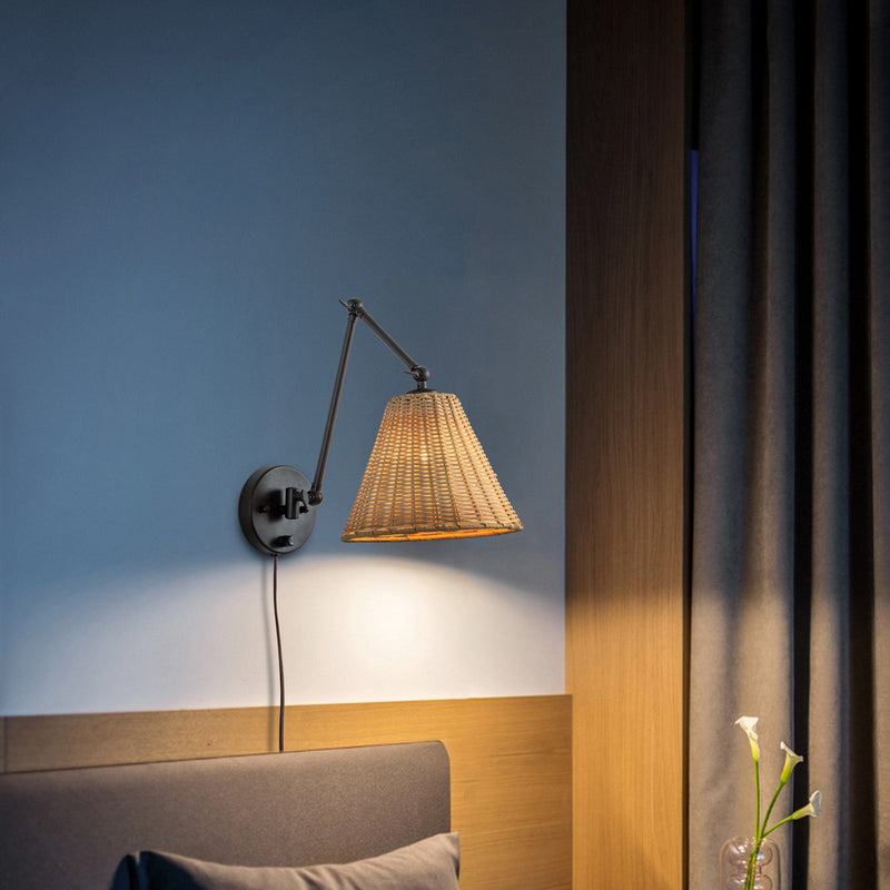 cattleyalighting 1-Light Black Woven Rattan Plug-in Swing Arm Wall Sconce With ON/OFF Switch