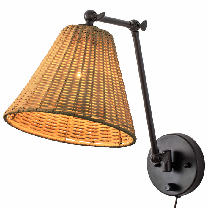 cattleyalighting 1-Light Black Woven Rattan Plug-in Swing Arm Wall Sconce With ON/OFF Switch