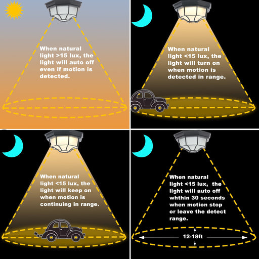 cattleyalighting Flush Mount Lighting LED Matte Black Motion Sensor Dusk To Dawn Flush Mount With Frosted Glass