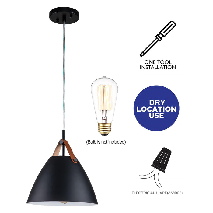 Cattleya Lighting Chandelier 1-Light Black Outer Whiter Inner Dome Pendent With Leather Strap