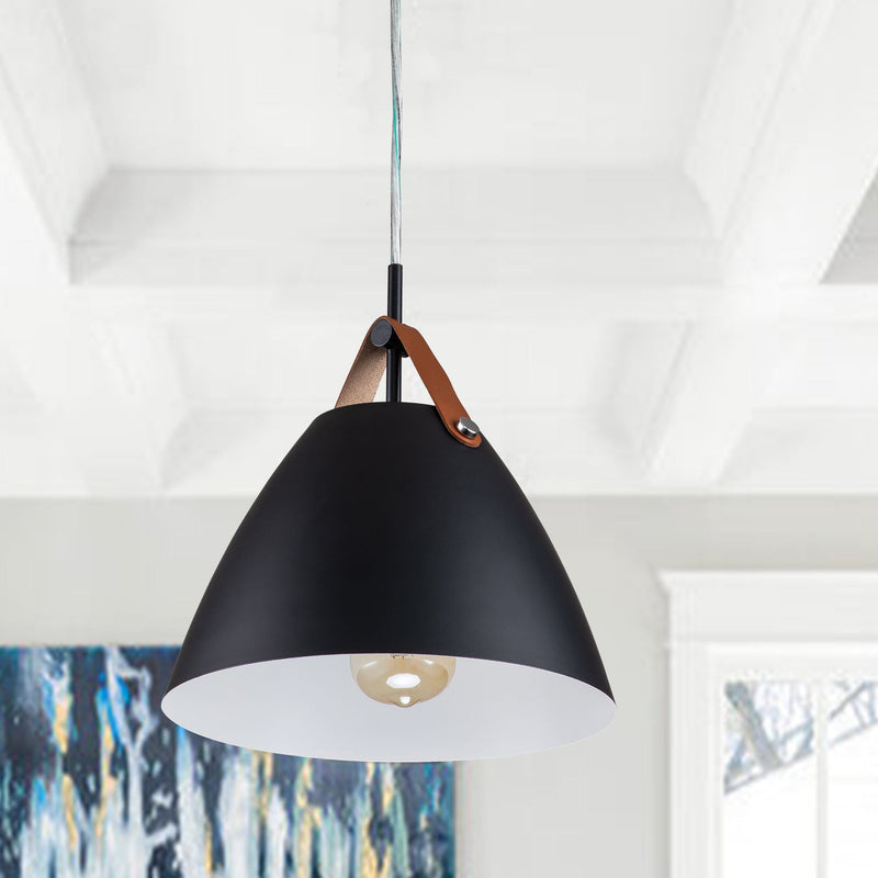 Cattleya Lighting Chandelier 1-Light Black Outer Whiter Inner Dome Pendent With Leather Strap