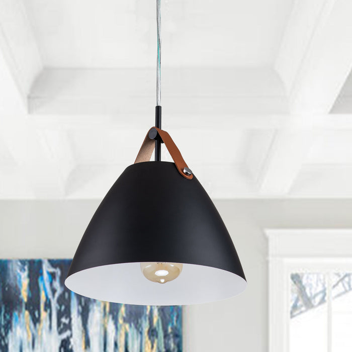 Cattleya Lighting Chandelier 1-Light Black Outer Whiter Inner Dome Pendent With Leather Strap