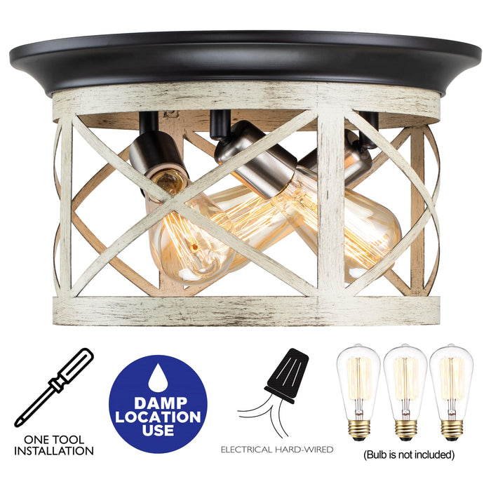 Cattleya Lighting Flush Mount Lighting 3-Light Oil-Rubbed Bronze And Off-White Woodgrain Flush Mount With Satin Nickel Accent