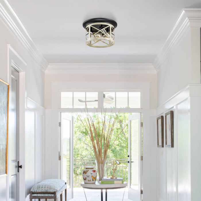 Cattleya Lighting Flush Mount Lighting 3-Light Oil-Rubbed Bronze And Off-White Woodgrain Flush Mount With Satin Nickel Accent