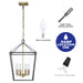 Cattleya Lighting Chandelier 4-lights Brass Geometric Lantern Pendant With Clear Tempered Glass Panes
