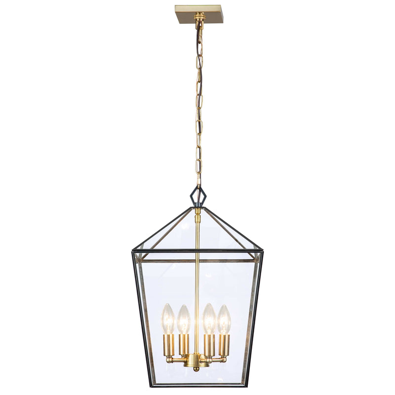 Cattleya Lighting Chandelier 4-lights Brass Geometric Lantern Pendant With Clear Tempered Glass Panes