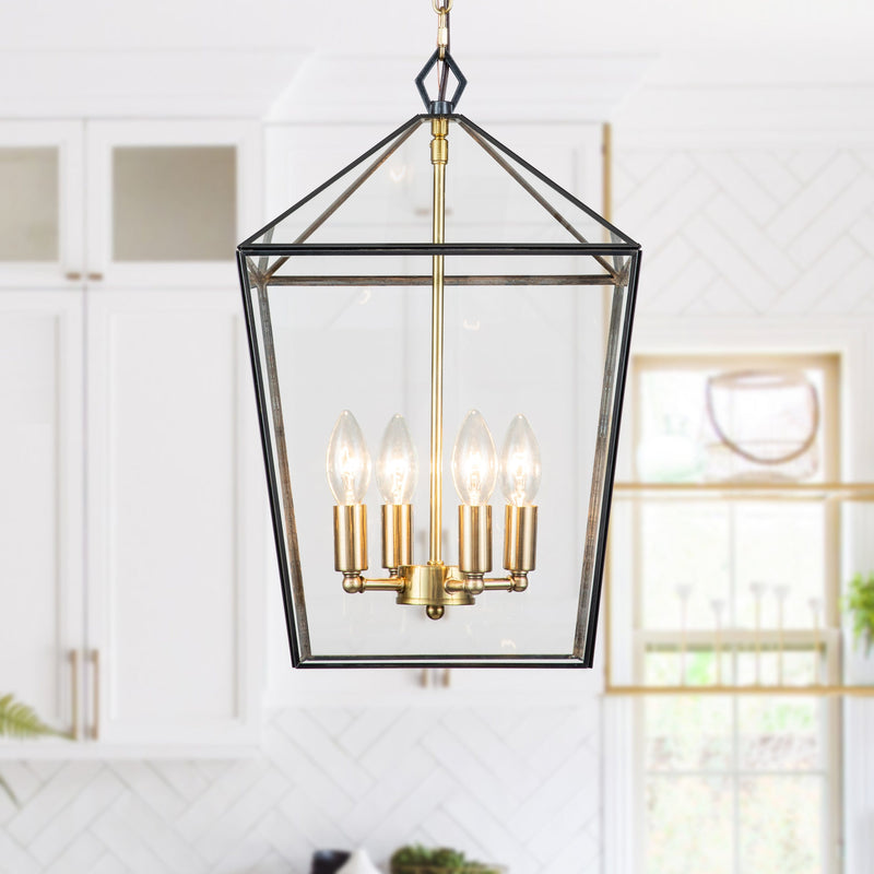 Cattleya Lighting Chandelier 4-lights Brass Geometric Lantern Pendant With Clear Tempered Glass Panes