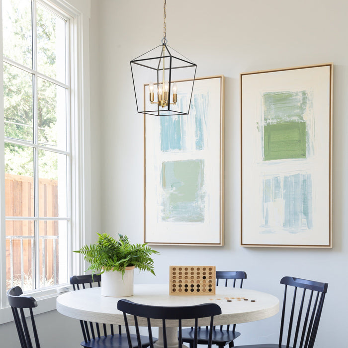 Cattleya Lighting Chandelier 4-lights Brass Geometric Lantern Pendant With Clear Tempered Glass Panes