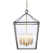 Cattleya Lighting Chandelier 4-lights Brass Geometric Lantern Pendant With Clear Tempered Glass Panes