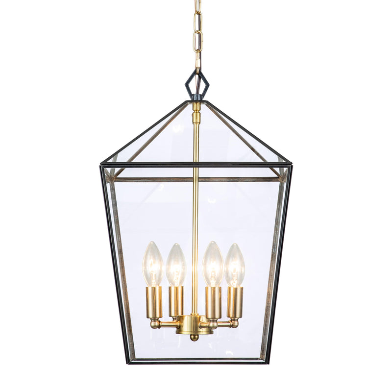Cattleya Lighting Chandelier 4-lights Brass Geometric Lantern Pendant With Clear Tempered Glass Panes