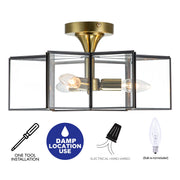cattleyalighting 3-Light Natural Brass And Dark Bronze Finish Brass Semi-Flush Mount With Clear Tempered Glass Panes