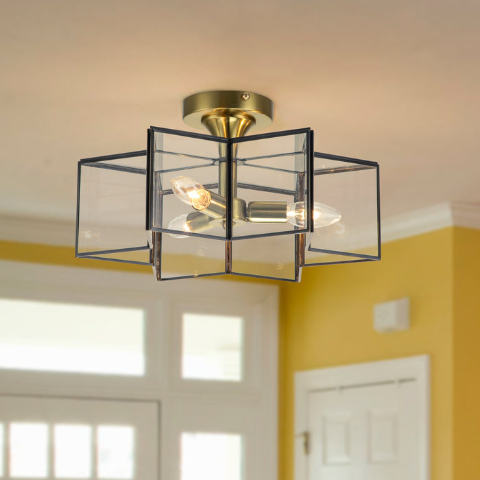 cattleyalighting 3-Light Natural Brass And Dark Bronze Finish Brass Semi-Flush Mount With Clear Tempered Glass Panes