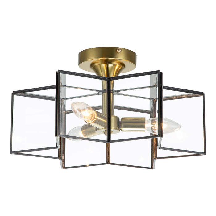 cattleyalighting 3-Light Natural Brass And Dark Bronze Finish Brass Semi-Flush Mount With Clear Tempered Glass Panes