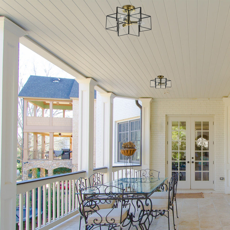 cattleyalighting 3-Light Natural Brass And Dark Bronze Finish Brass Semi-Flush Mount With Clear Tempered Glass Panes