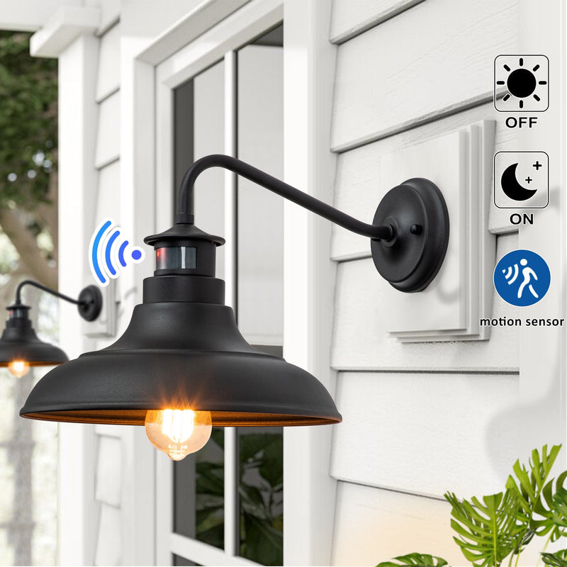 cattleyalighting 1-Light Matte Black Motion Sensor Dusk To Dawn Gooseneck Outdoor Wall Sconce(2-Pack)