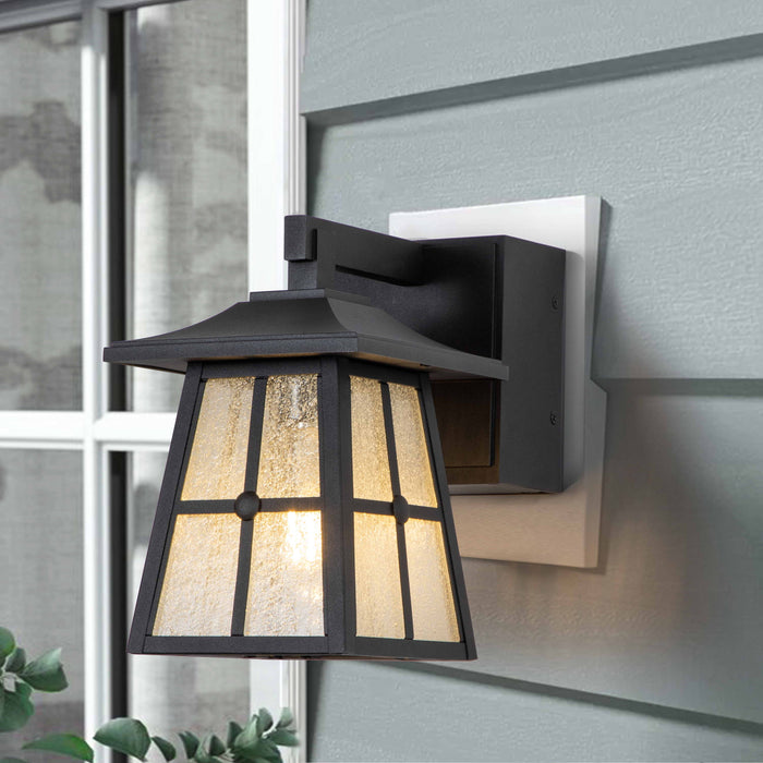 1-Light Matte Black Aluminum Outdoor Wall Lantern Sconce with Seeded Glass and Built-In GFCI Outlets