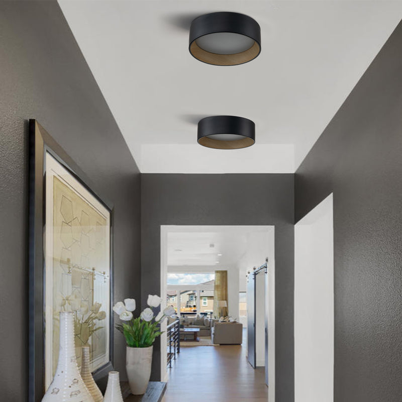 Black and wood Finish LED Drum Flush Mount