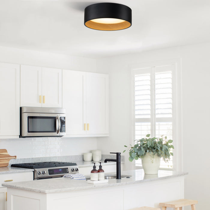 Black and wood Finish LED Drum Flush Mount