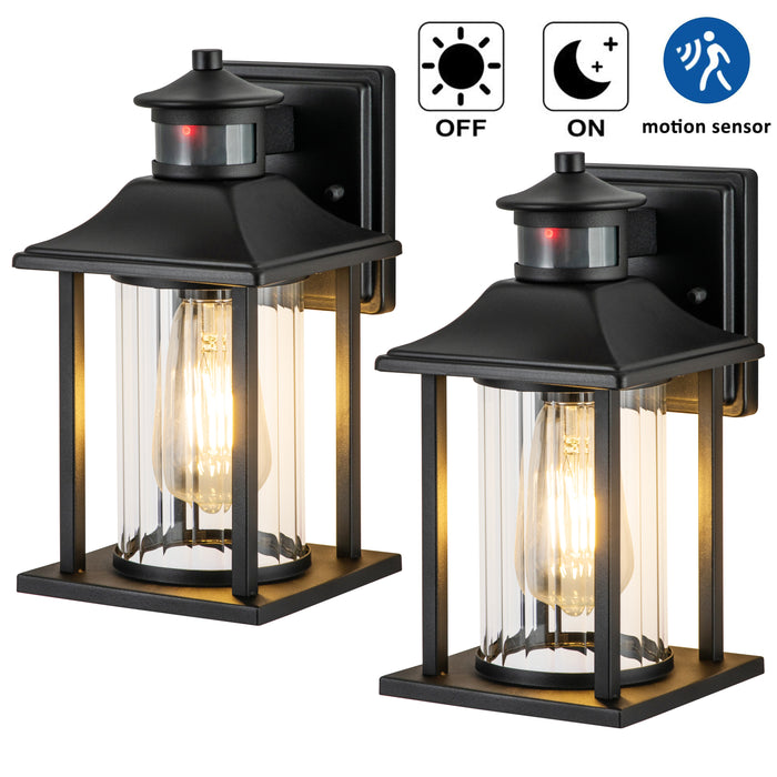 2-Pack Matte Black Motion Sensing Dusk to Dawn Outdoor Wall Sconce with Clear Stripped Glass
