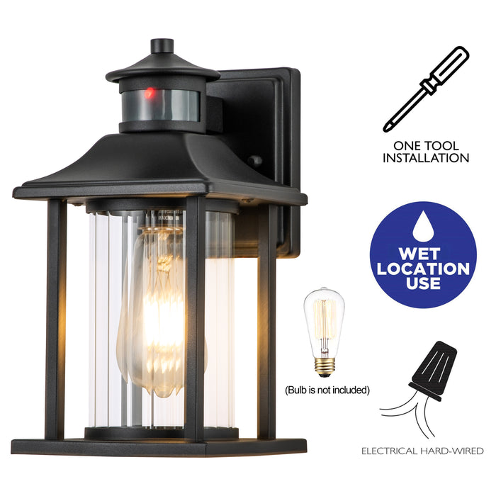 2-Pack Matte Black Motion Sensing Dusk to Dawn Outdoor Wall Sconce with Clear Stripped Glass