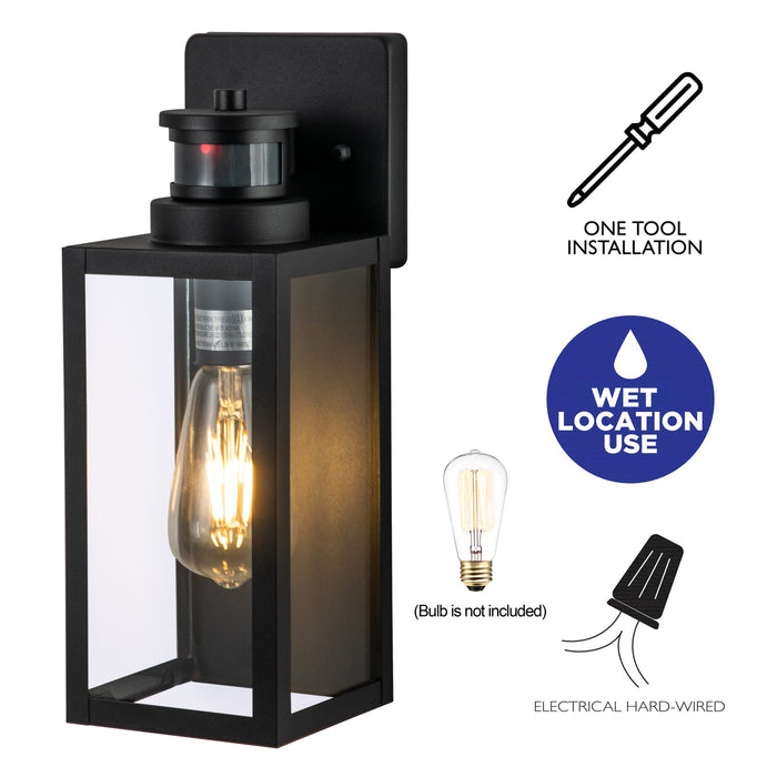 2-Pack Motion Sensing Dusk to Dawn Matte Black Outdoor Wall Lantern Sconce with Clear Tempered Glass