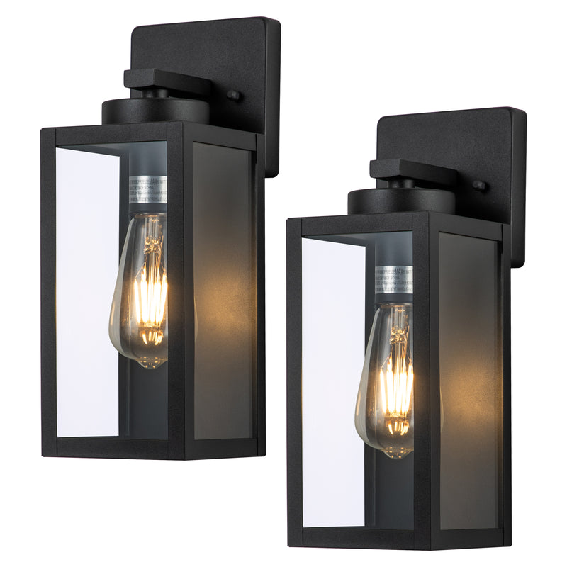1-Light Matte Black Outdoor Wall Lantern Sconce with Clear Tempered Glass 2-Pack