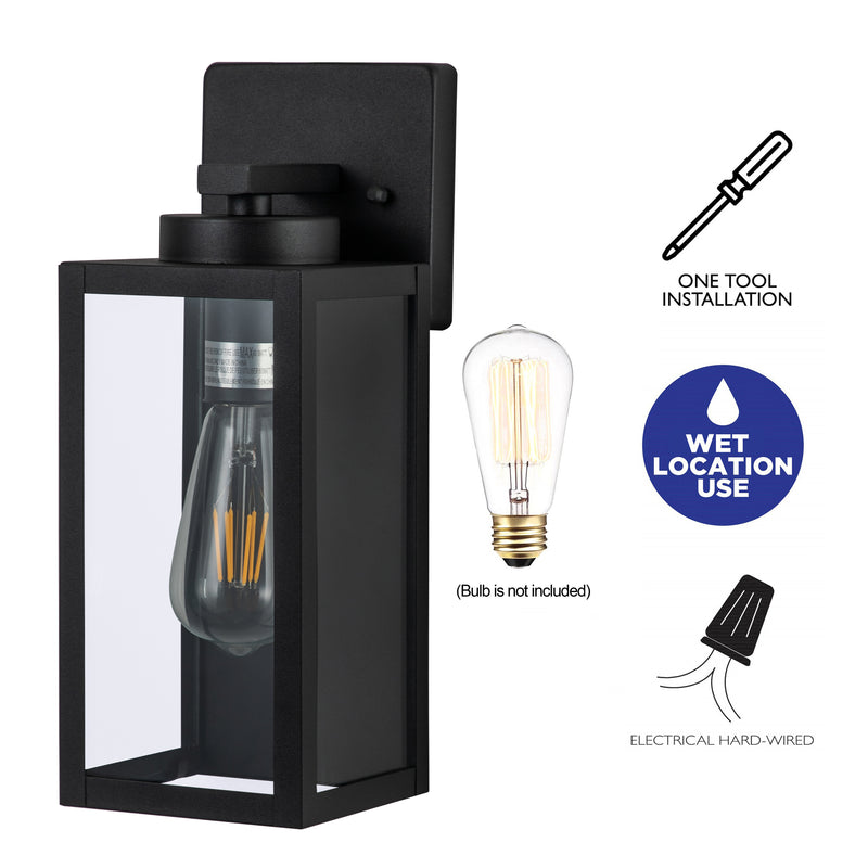 1-Light Matte Black Outdoor Wall Lantern Sconce with Clear Tempered Glass 2-Pack