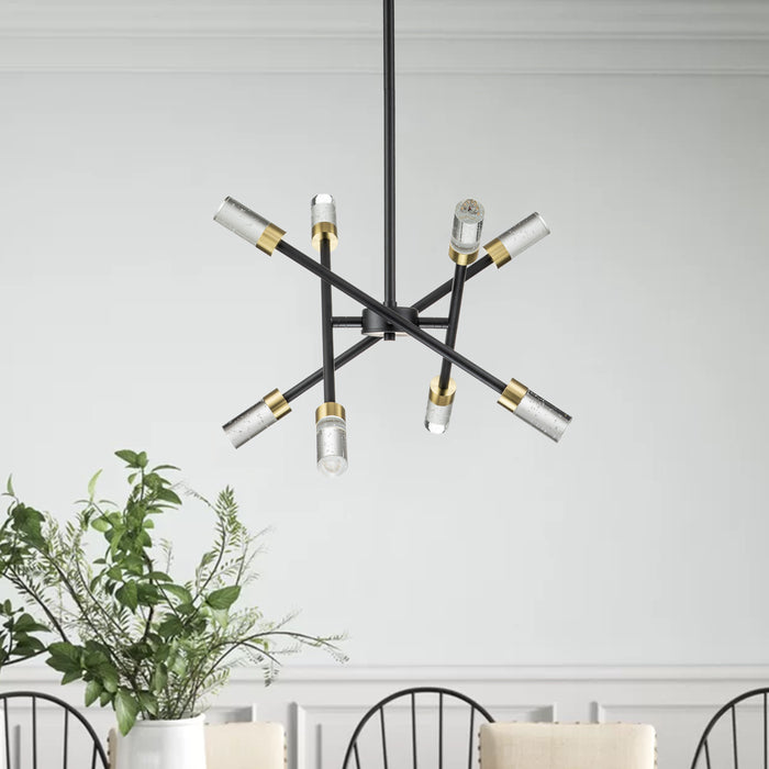8-Light Adjustable Matte Black and Brass Sputnik Chandelier with Clear Seeded Crystal