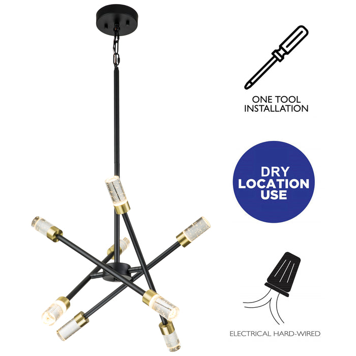 8-Light Adjustable Matte Black and Brass Sputnik Chandelier with Clear Seeded Crystal