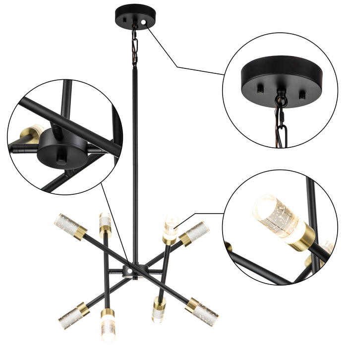 8-Light Adjustable Matte Black and Brass Sputnik Chandelier with Clear Seeded Crystal
