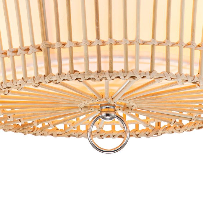 17 in. 3-Light Brushed Nickel Natural Rattan Bamboo Semi Flush Mount with White Linen Shade