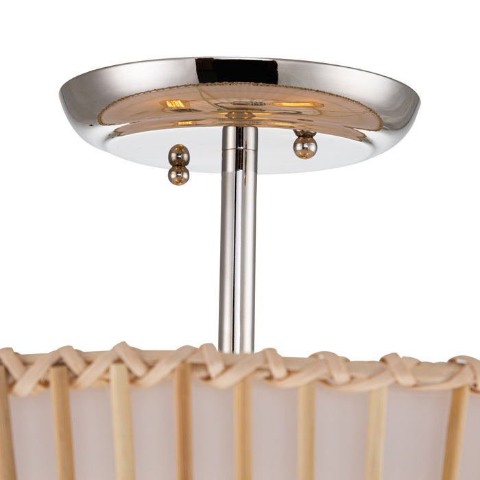 17 in. 3-Light Brushed Nickel Natural Rattan Bamboo Semi Flush Mount with White Linen Shade