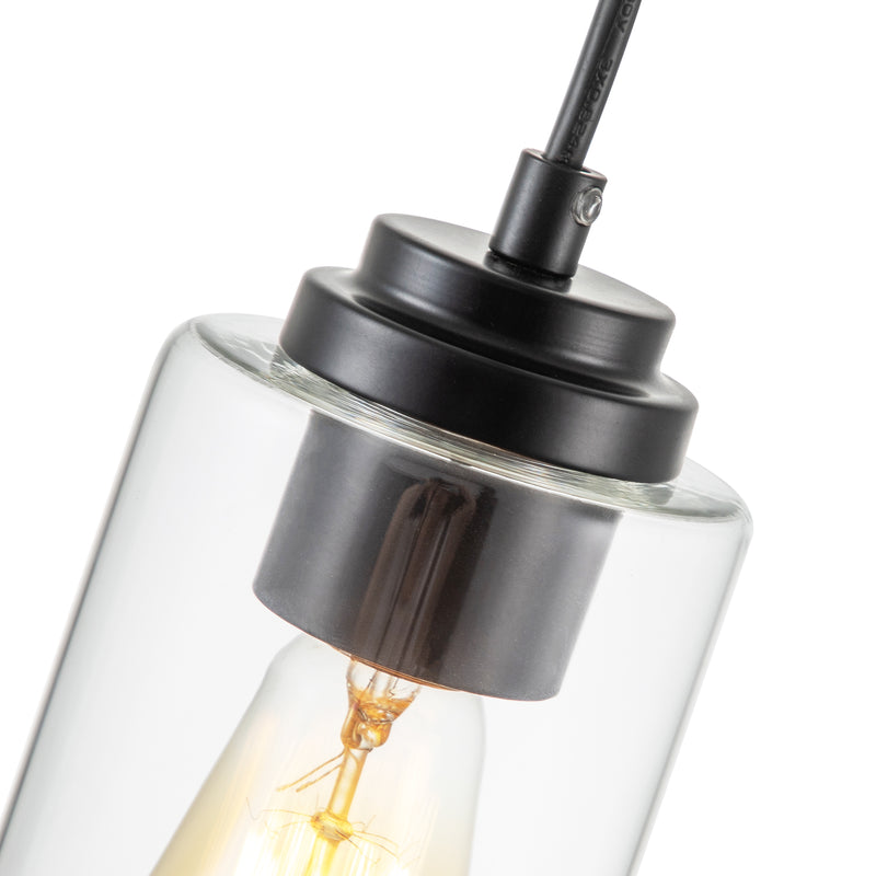 1-Light Black Pendant Light with Cylinder Clear Glass(3-Pack)