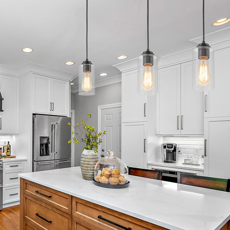 1-Light Black Pendant Light with Cylinder Clear Glass(3-Pack)