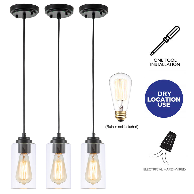 1-Light Black Pendant Light with Cylinder Clear Glass(3-Pack)