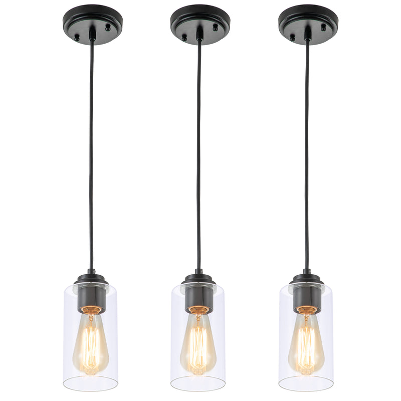 1-Light Black Pendant Light with Cylinder Clear Glass(3-Pack)