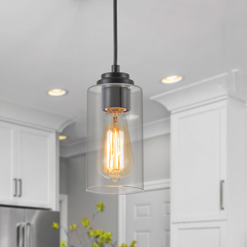 1-Light Black Pendant Light with Cylinder Clear Glass(3-Pack)