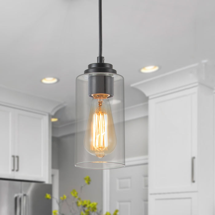 1-Light Black Pendant Light with Cylinder Clear Glass(3-Pack)