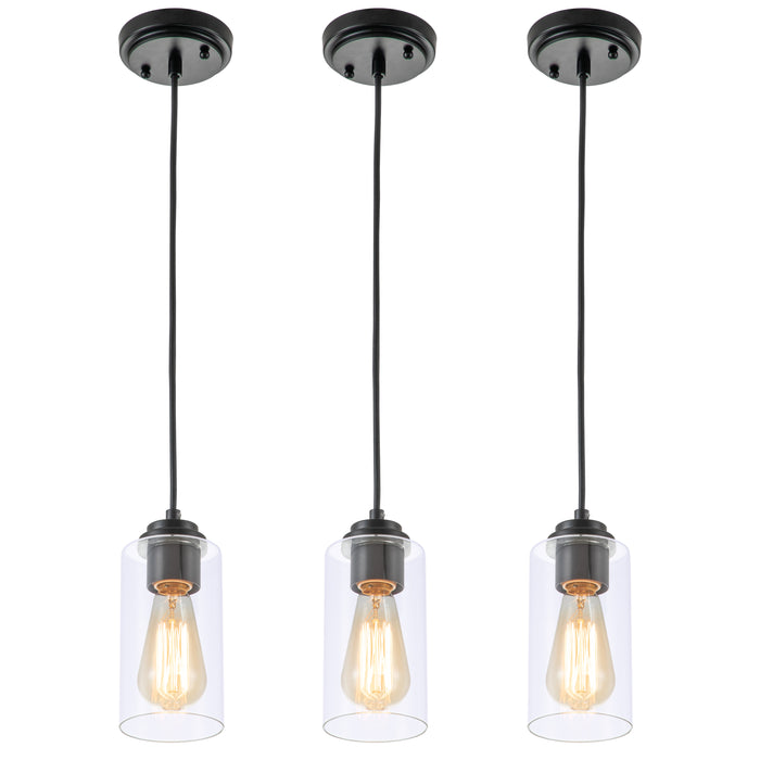 1-Light Black Pendant Light with Cylinder Clear Glass(3-Pack)