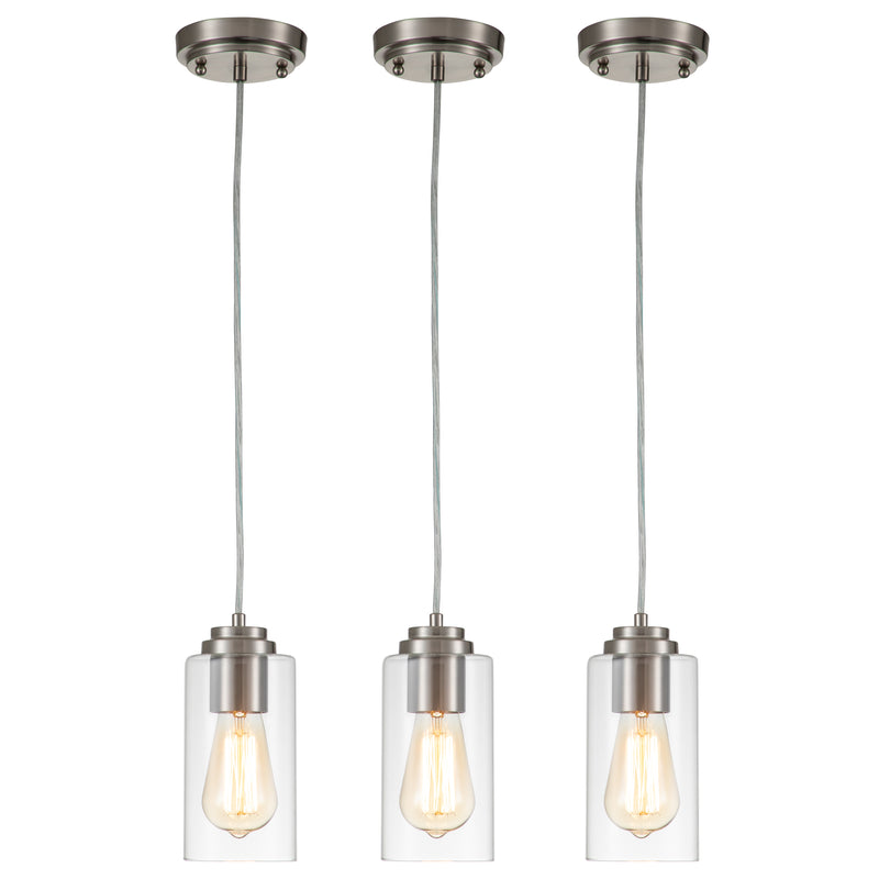 3-Pack 1-Light Stain Nickel Pendant Light with Cylinder Clear Glass