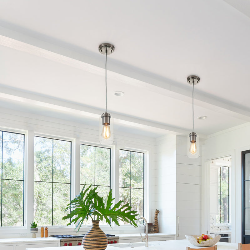 3-Pack 1-Light Stain Nickel Pendant Light with Cylinder Clear Glass