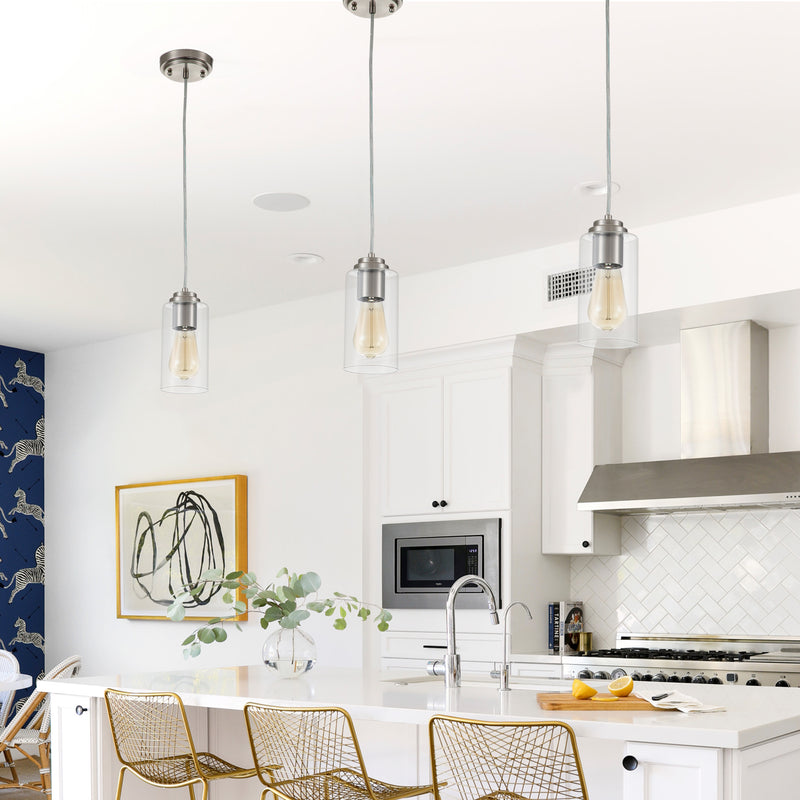 3-Pack 1-Light Stain Nickel Pendant Light with Cylinder Clear Glass