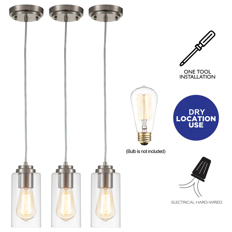3-Pack 1-Light Stain Nickel Pendant Light with Cylinder Clear Glass