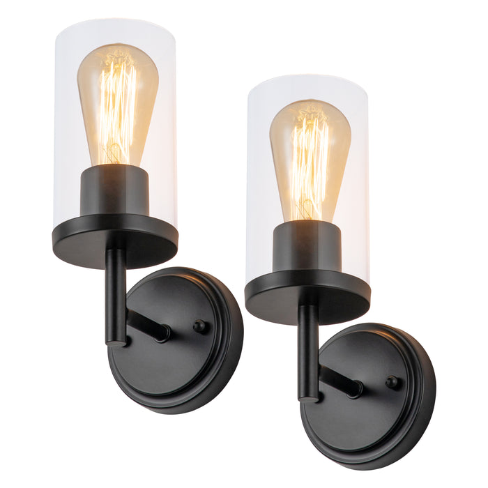 1-Light Black Wall Sconce with Cylinder Glass(2-Pack)
